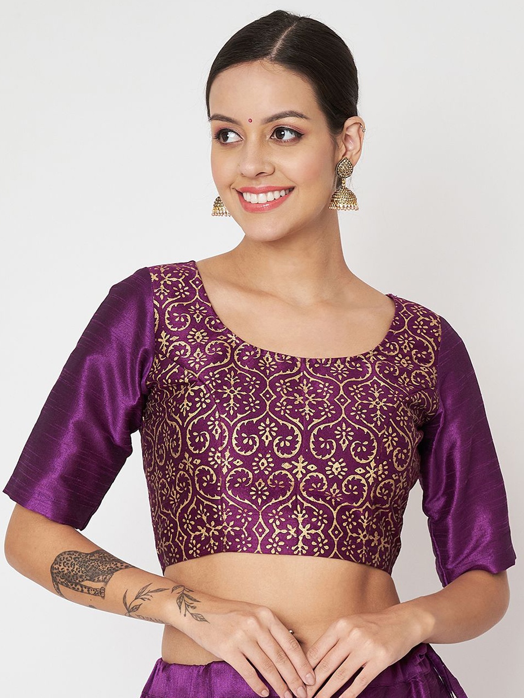 

studio rasa Block Printed Short Sleeve Saree Blouse, Purple
