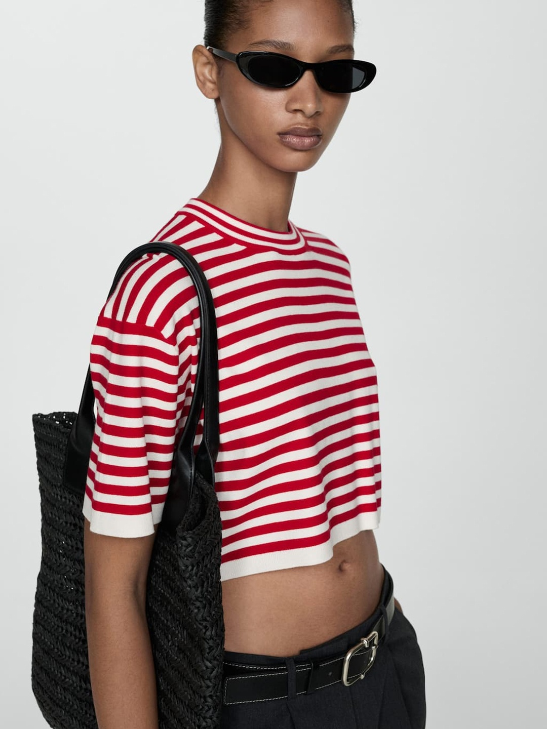 

MANGO Women Striped Knitted Boxy T-shirt, Red