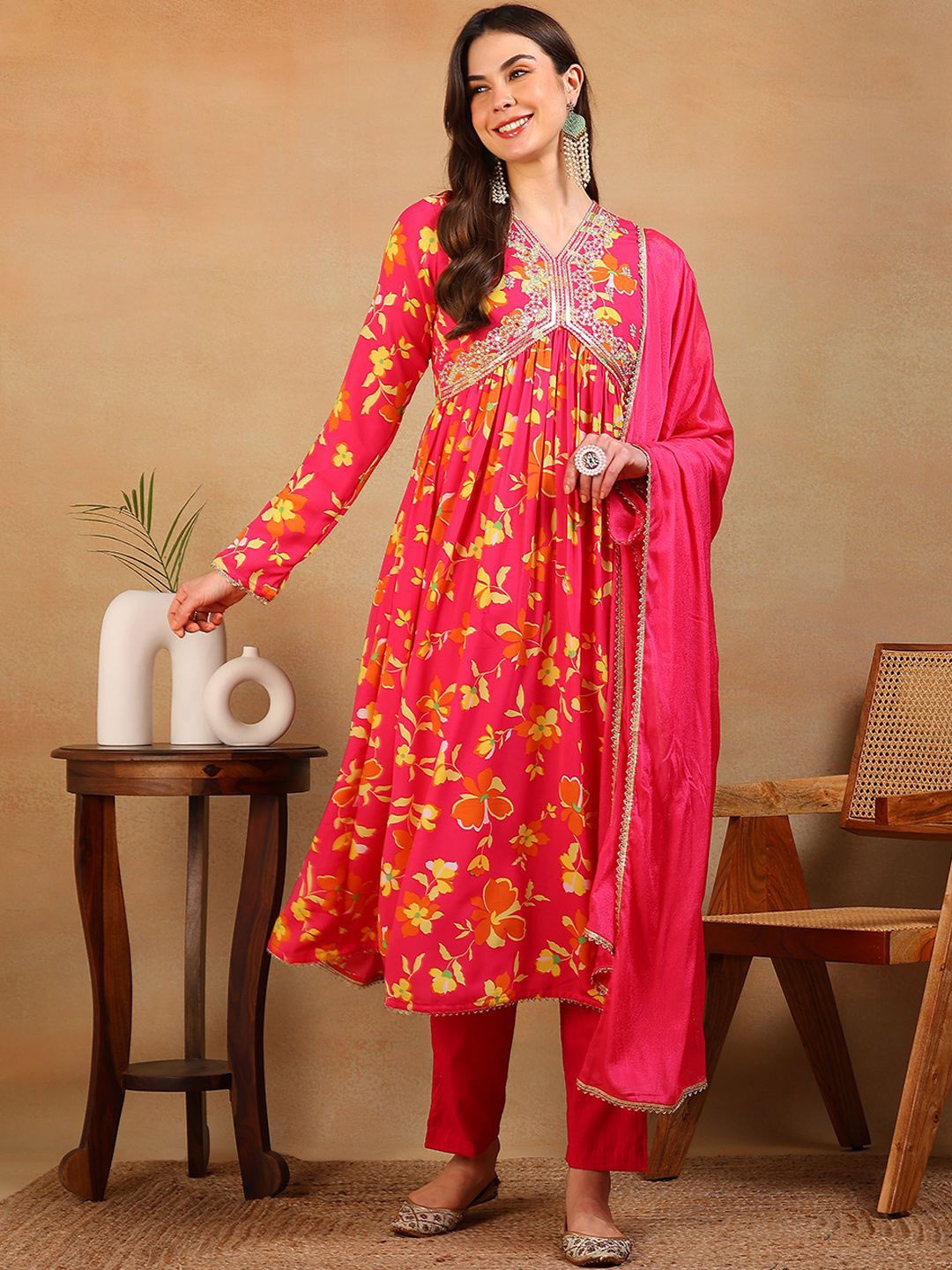 

KALINI Floral Printed Empire Sequinned Anarkali Kurta with Trousers & Dupatta, Pink