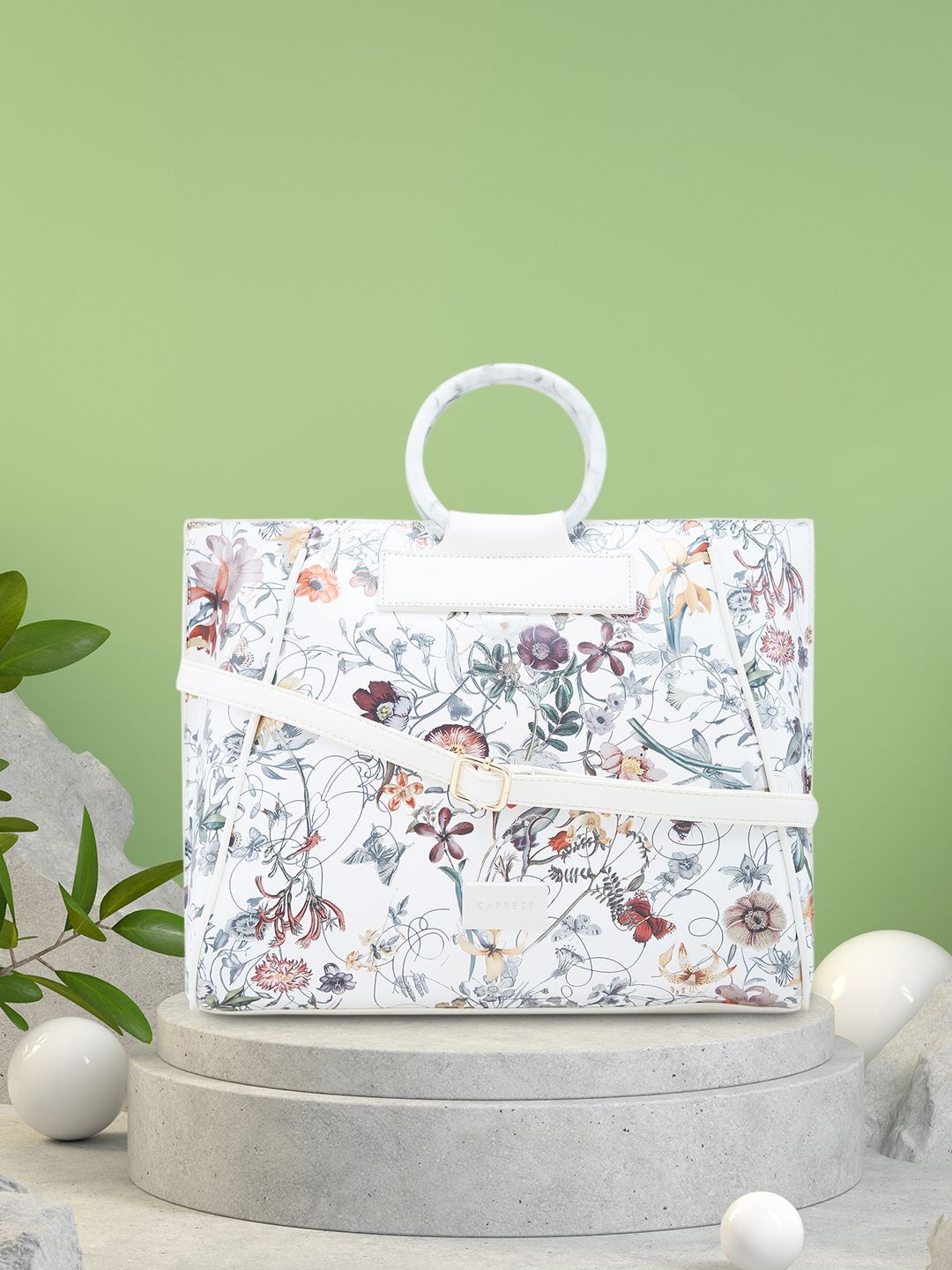 

Caprese Floral Printed Shopper Satchel with Tasselled, White