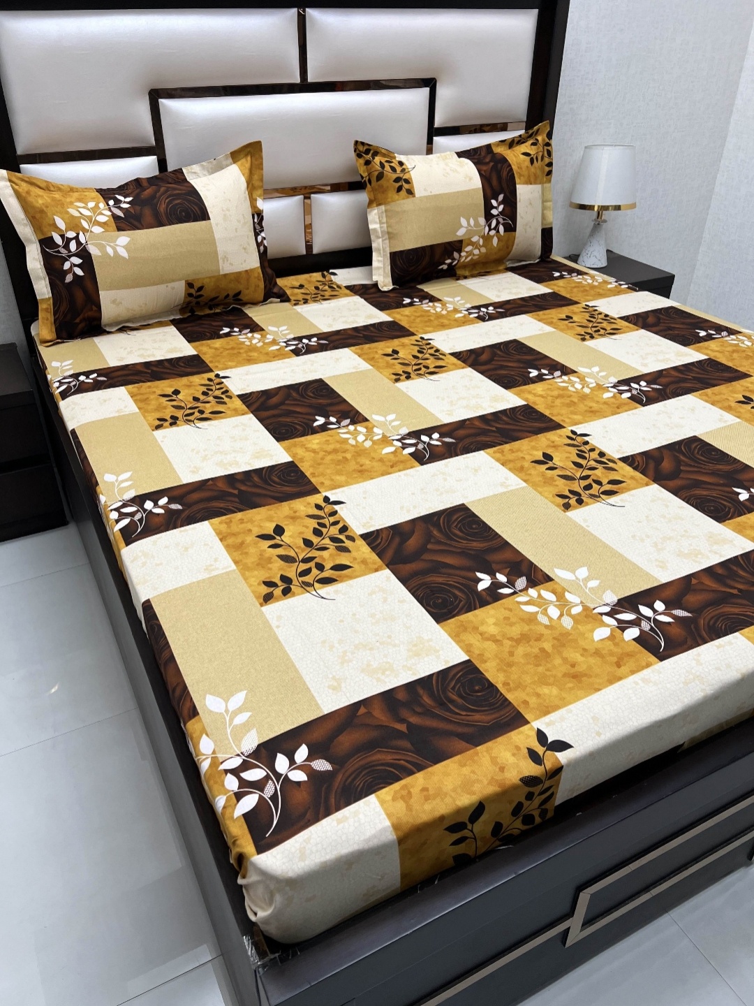 

Pure Decor Passion Fur Brown & Yellow Floral 260 TC Queen Bedsheet With 2 Pillow Covers