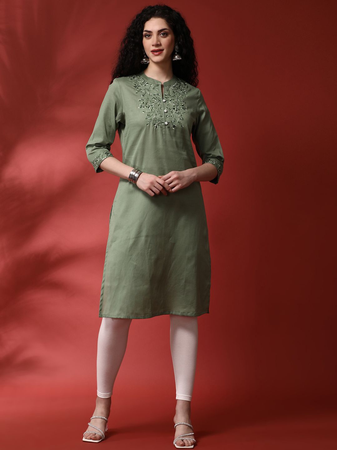 

Anouk Floral Yoke Design Mandarin Collar Pure Cotton Straight Kurta, Olive