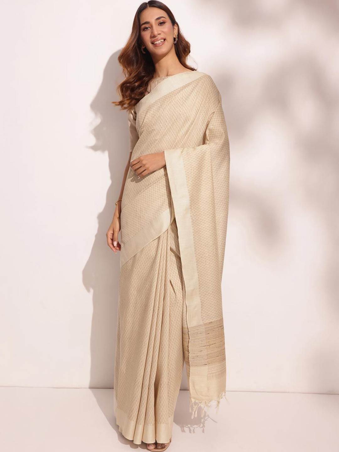 

Fabindia Woven Design Zari Pure Silk Block Print Saree, Beige