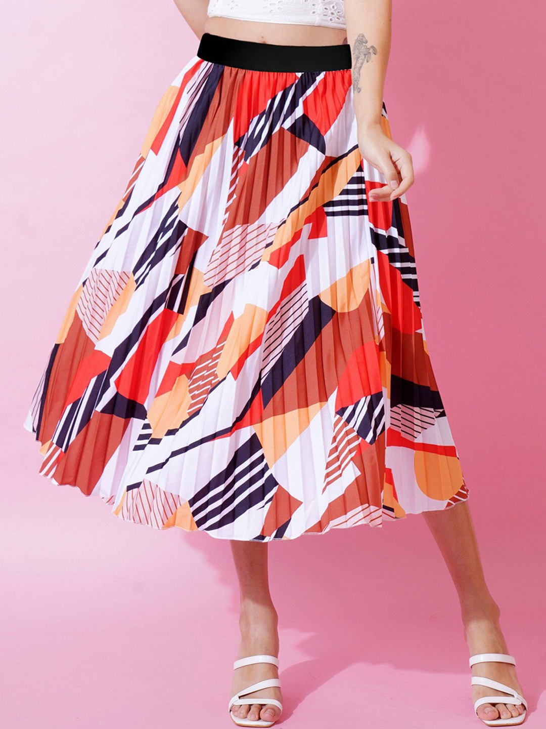 

Femvy Printed Flared Midi Skirts, Pink