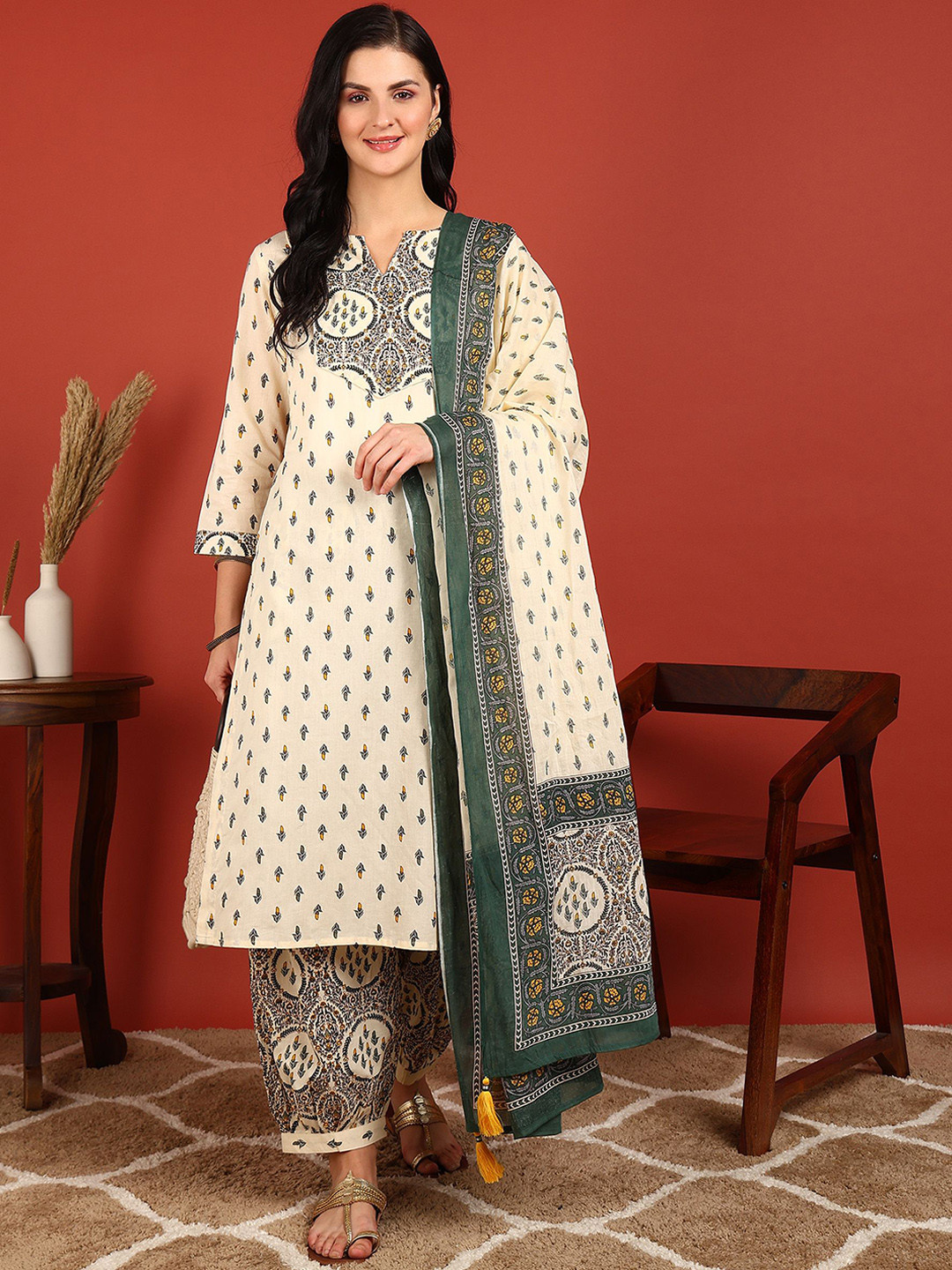 

FUBAR Floral Printed Notched Neck Straight Kurta With Pyjamas & Dupatta, Beige