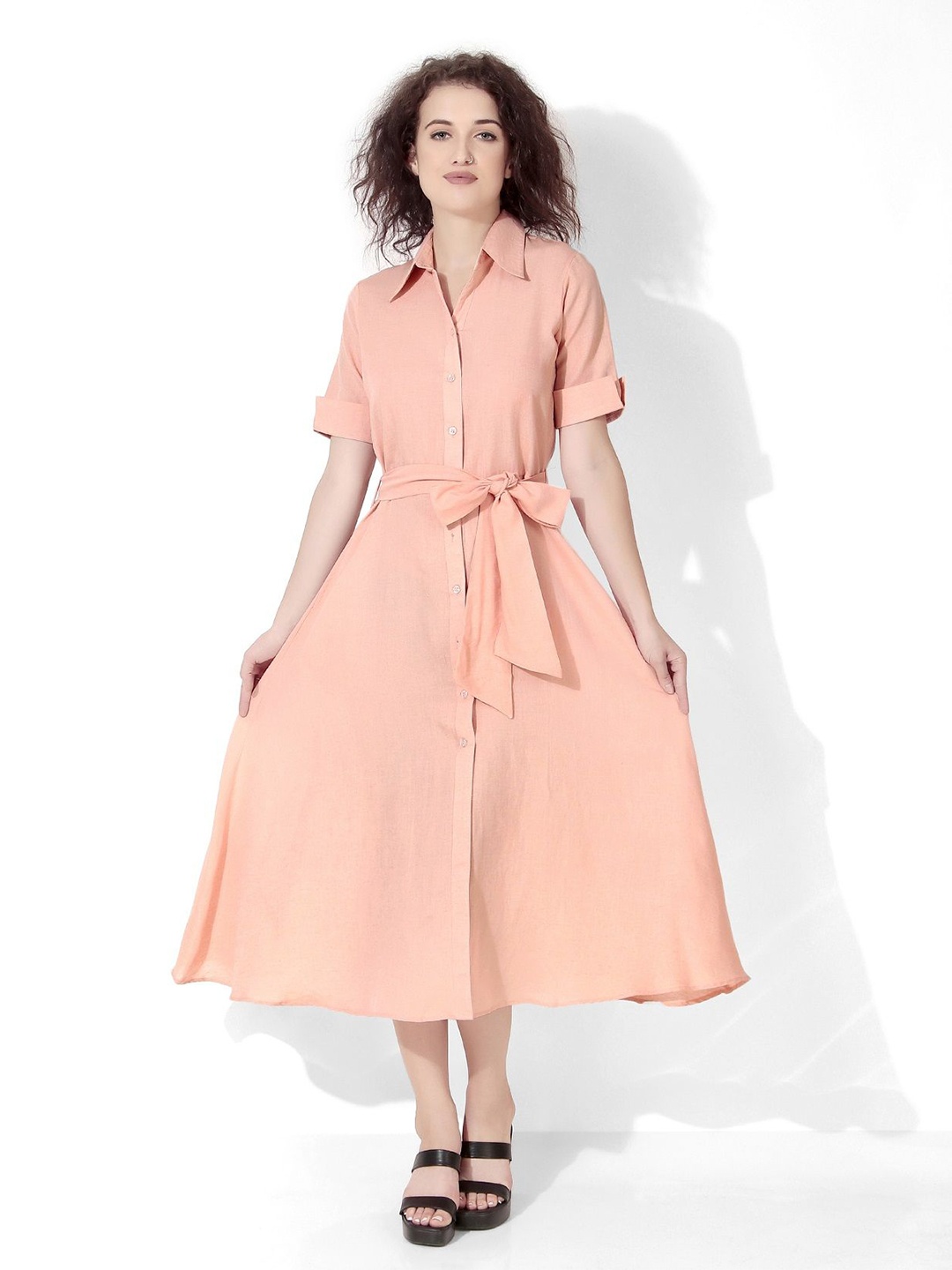 

Seryeon Solid Belted Midi Shirt Dress, Peach