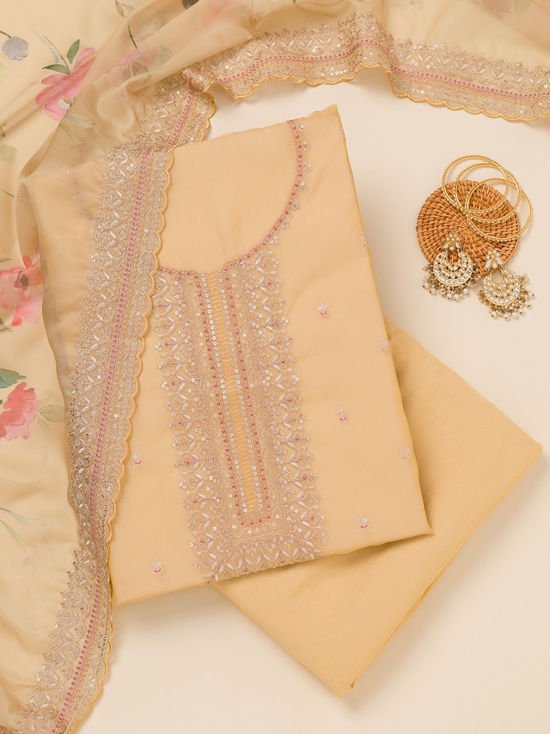 

Koskii Floral Embroidered Unstitched Dress Material, Yellow