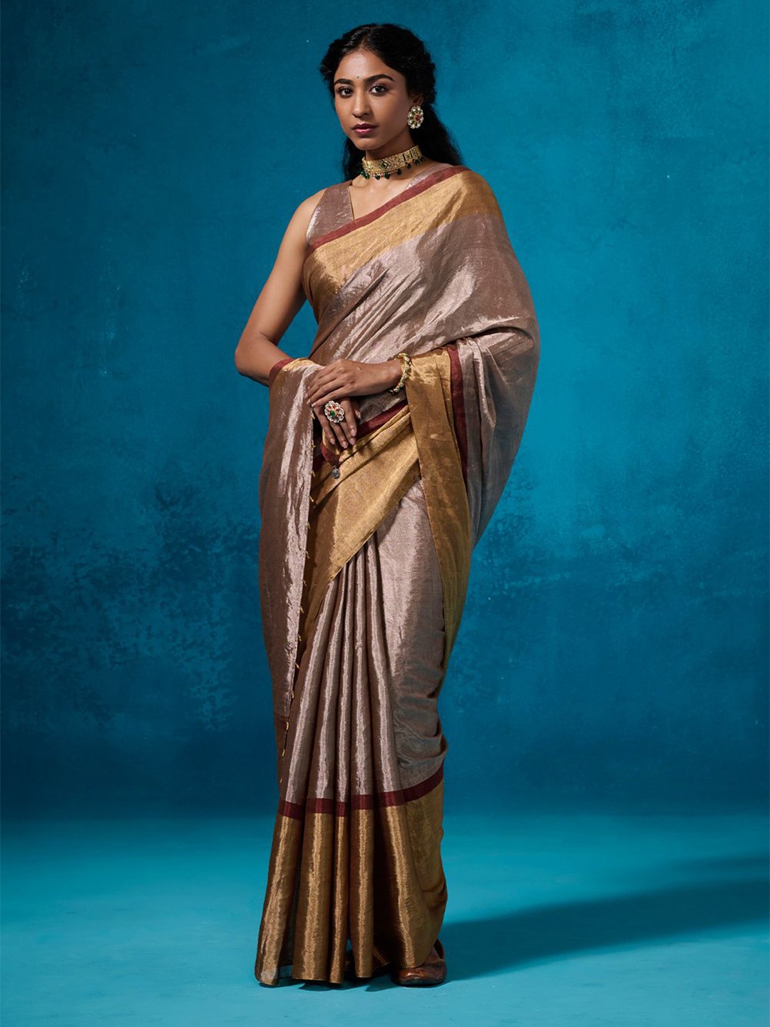 

Dressfolk Tissue Chanderi Saree with Blouse Piece, Silver