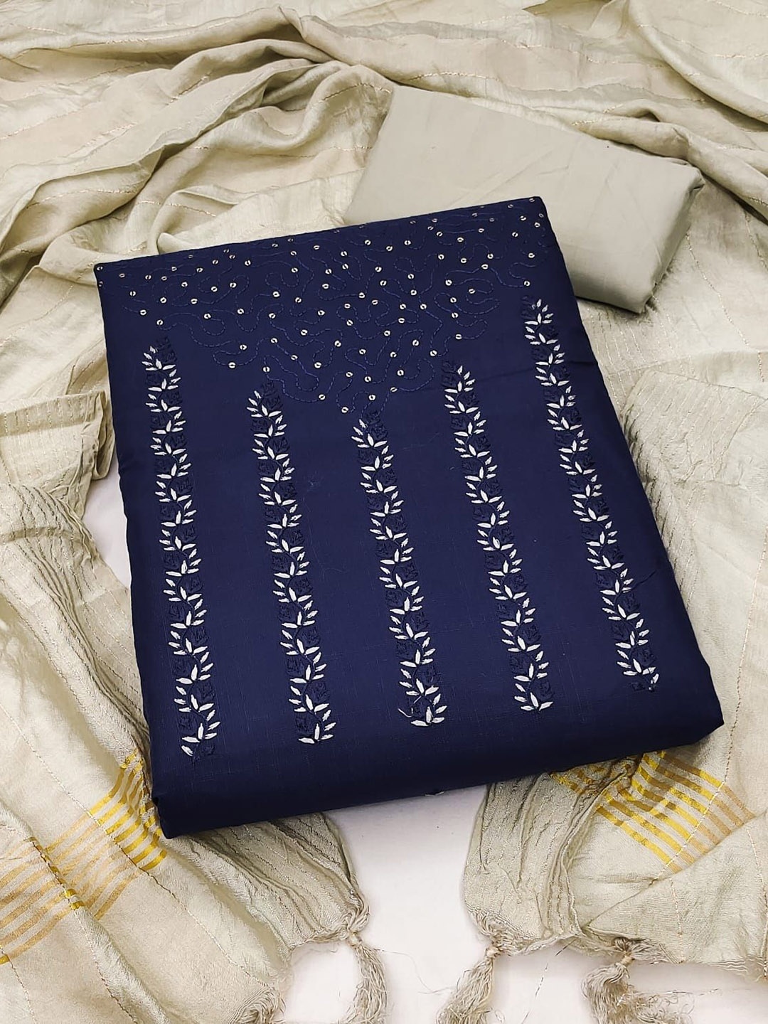 

LADY SHOPI Floral Embroidered Sequinned Unstitched Dress Material, Navy blue
