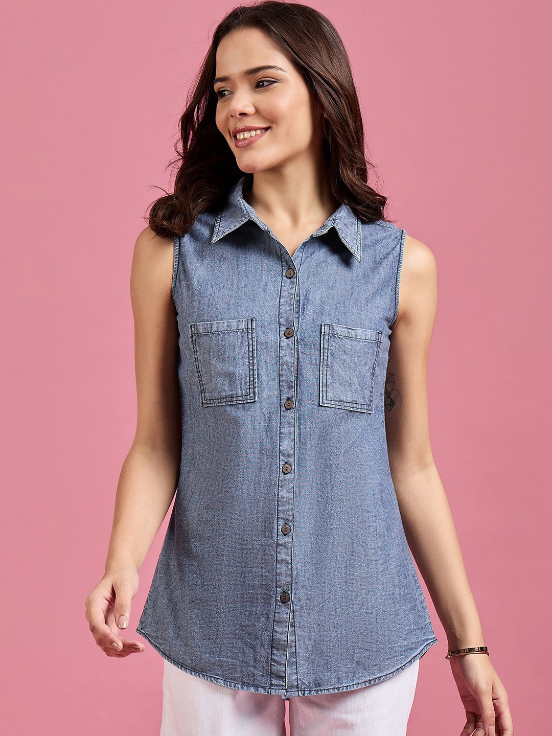 

DressBerry Women Classic Spread Collar Solid Denim Casual Shirt, Blue
