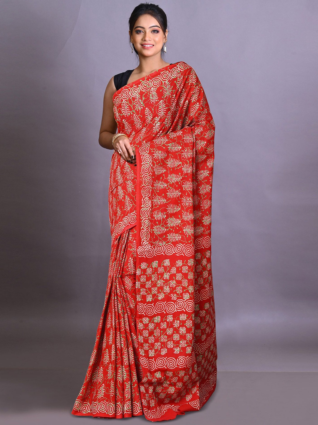 

Unnati Silks Ethnic Motifs Pure Cotton Handloom Block Print Saree, Maroon