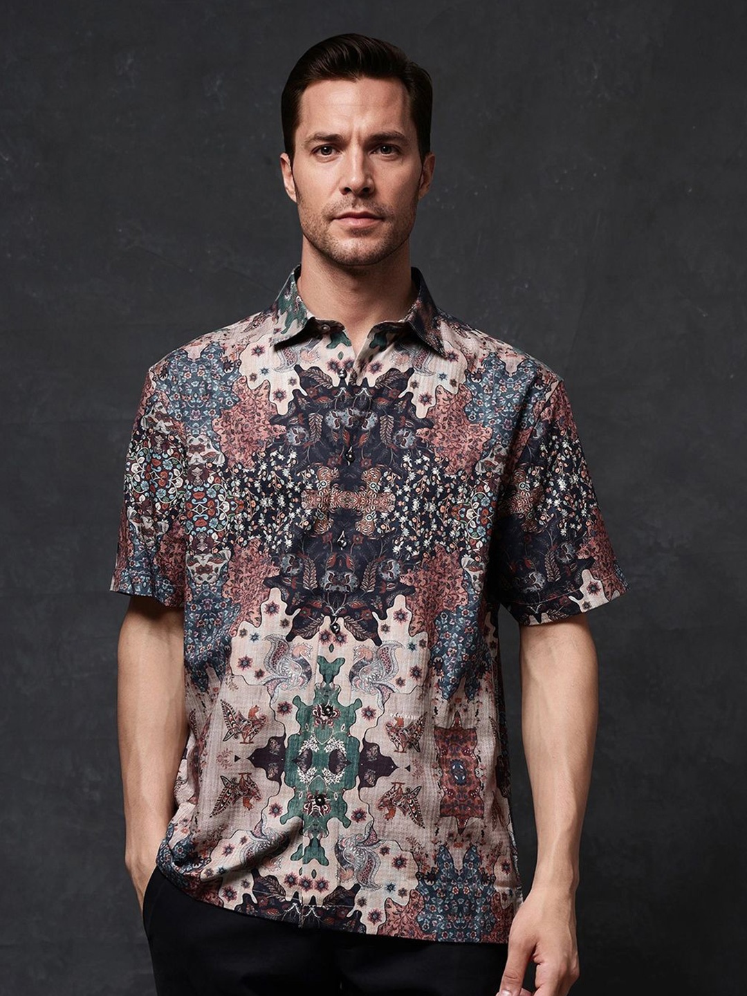 

RARE RABBIT Men Comfort Spread Collar Abstract Printed Cotton Boxy Party Shirt, Brown