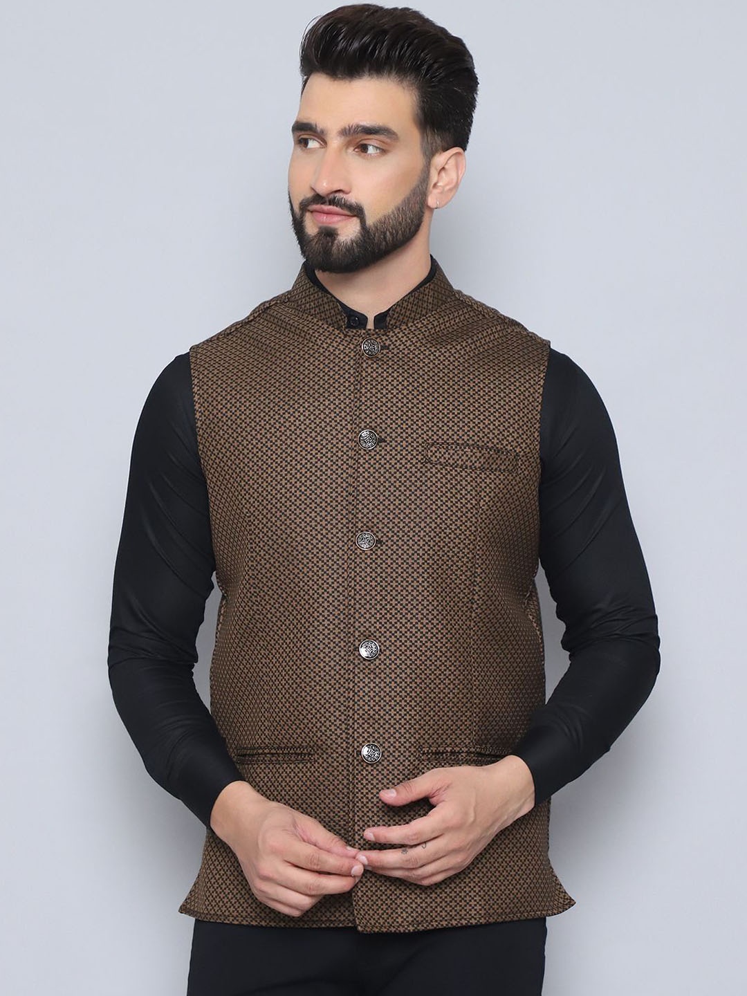 

even Self Design Woven Nehru Jacket, Beige
