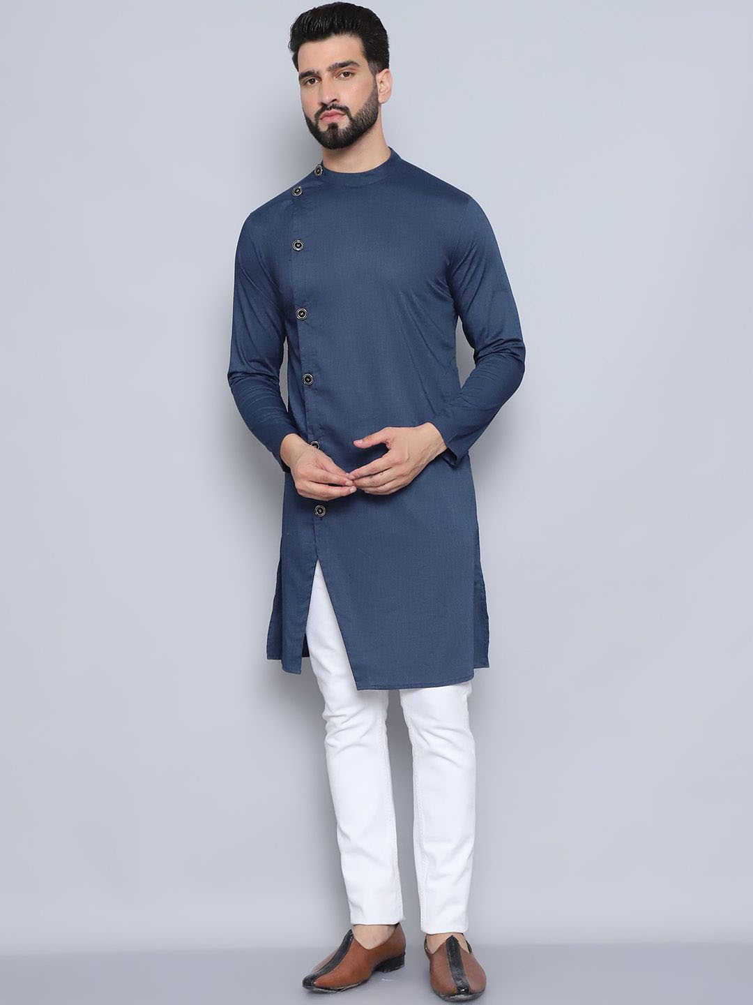 

even Band Collar Pure Cotton Straight Kurta, Blue