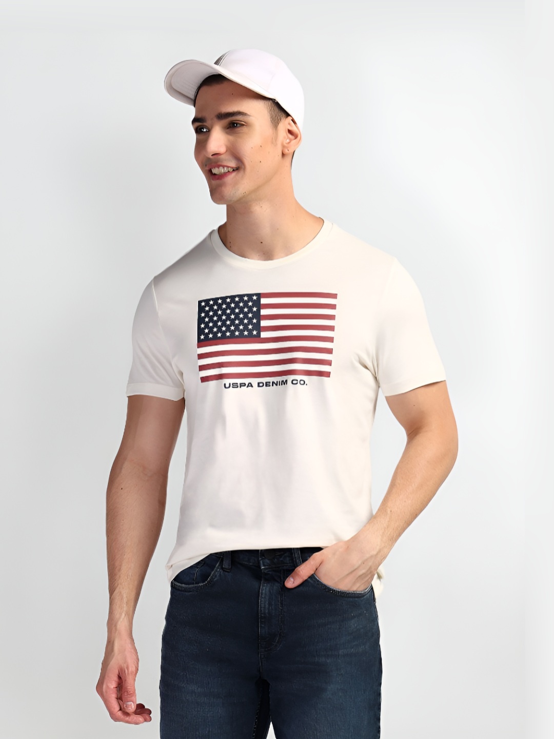 

U.S. Polo Assn. Denim Co. Men Graphic Printed Round Neck Cotton Slim Fit T-Shirt, White