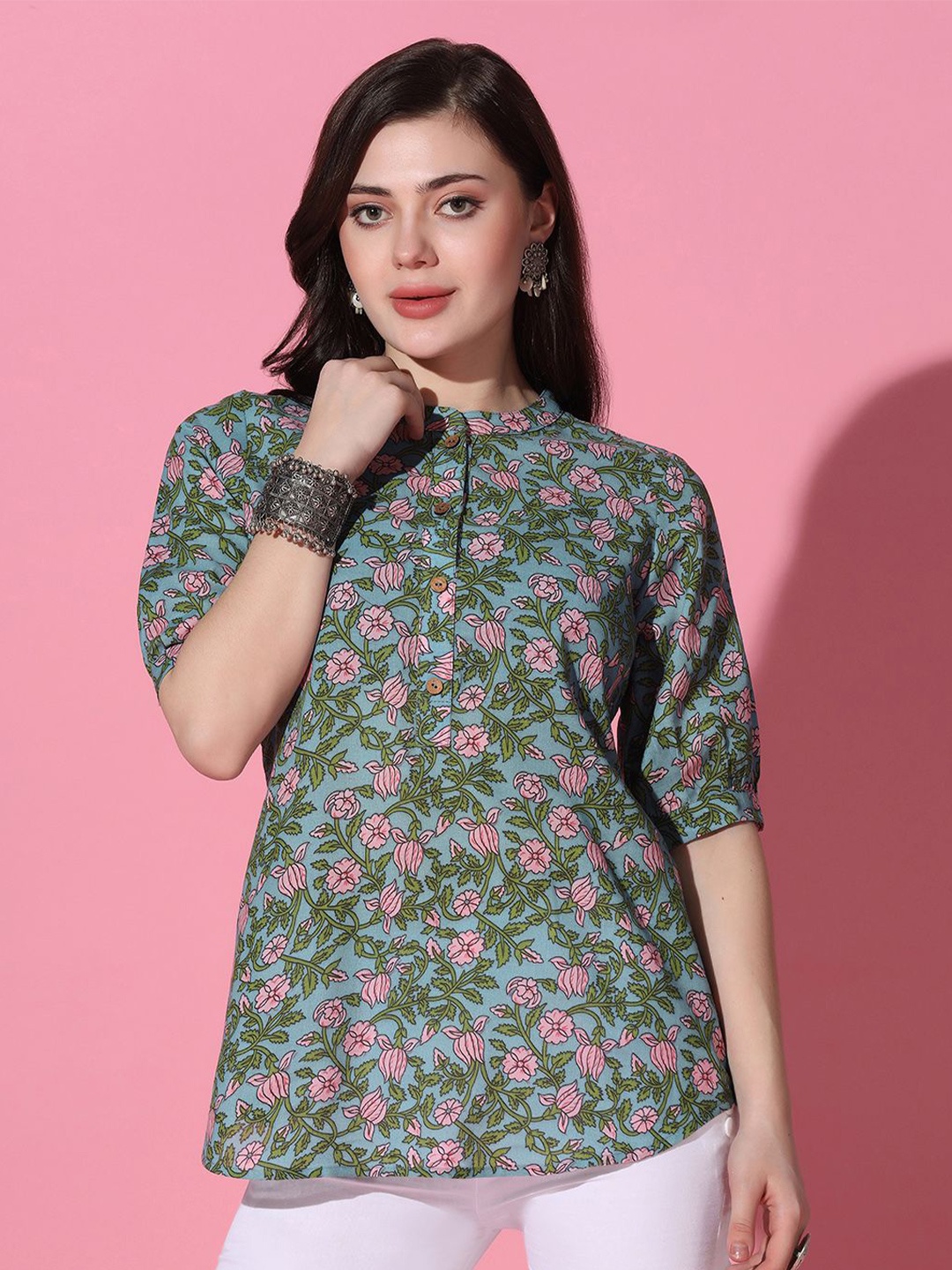 

BAESD Women Band Collar Floral Printed Cotton Casual Shirt, Blue