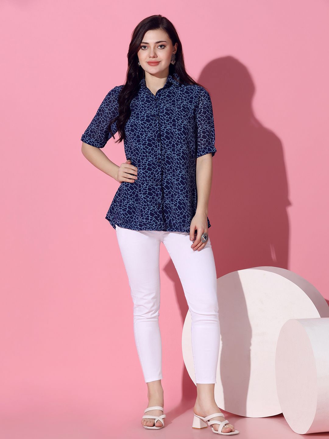 

BAESD Animal Print Georgette Shirt Style Top, Blue