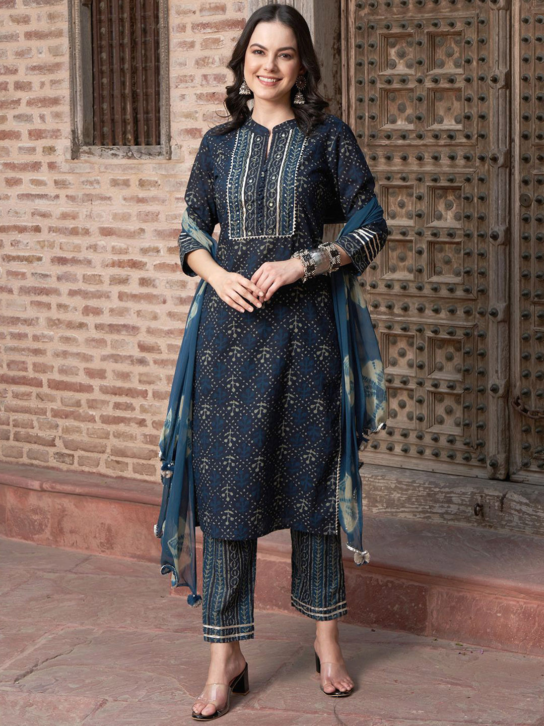 

BANDIA Printed Regular Gotta Patti Pure Cotton Straight Kurta with Trousers & Dupatta, Blue