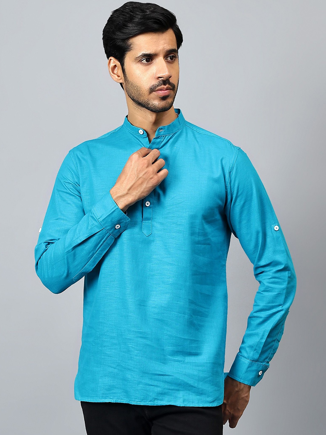 

Yugnik Mandarin Collar Roll-Up Sleeves Pure Cotton Short Kurta, Turquoise blue