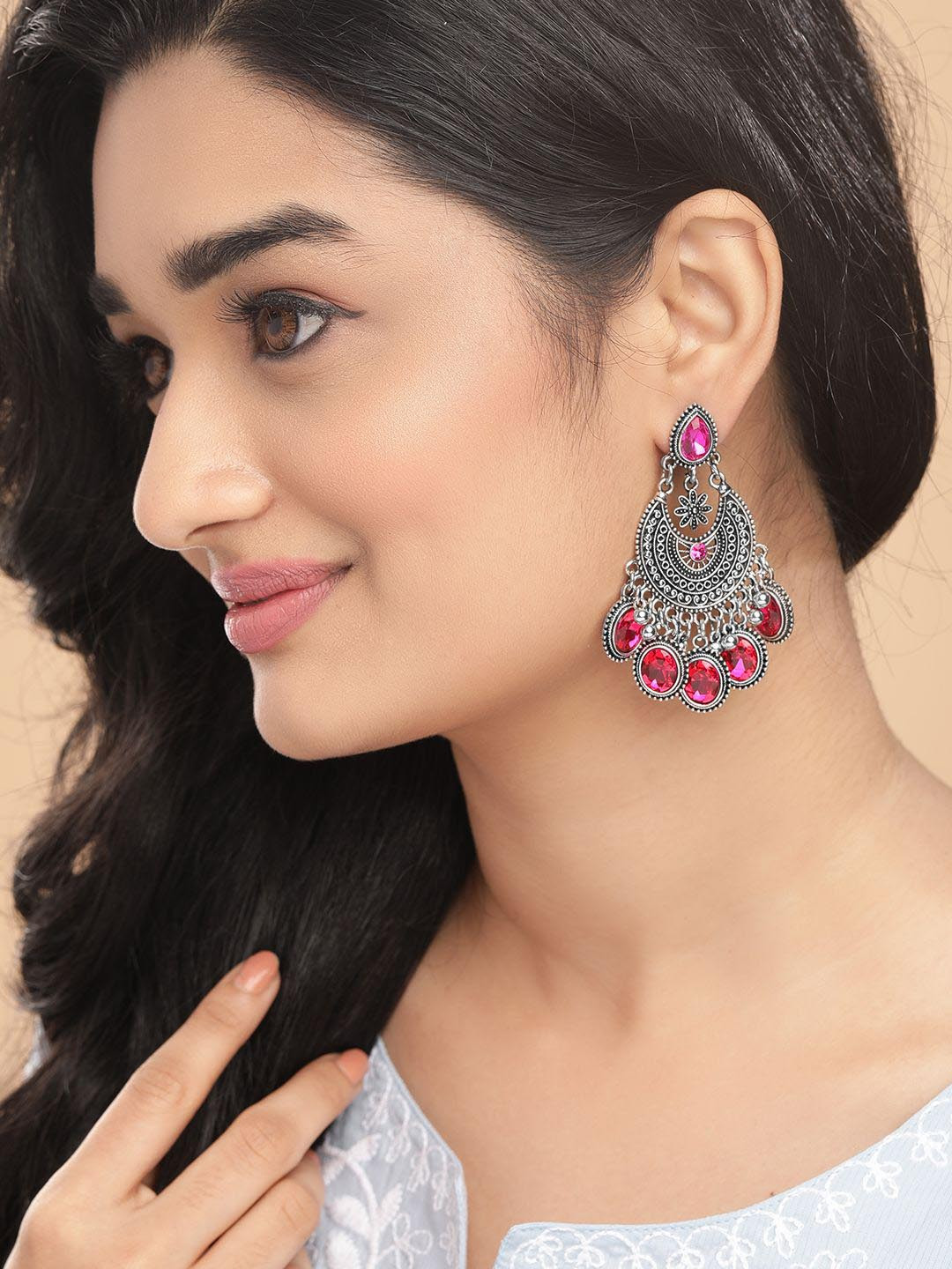 

Rubans Oxidized Silver-Plated Pink AD Stone Studded Chandelier Earring