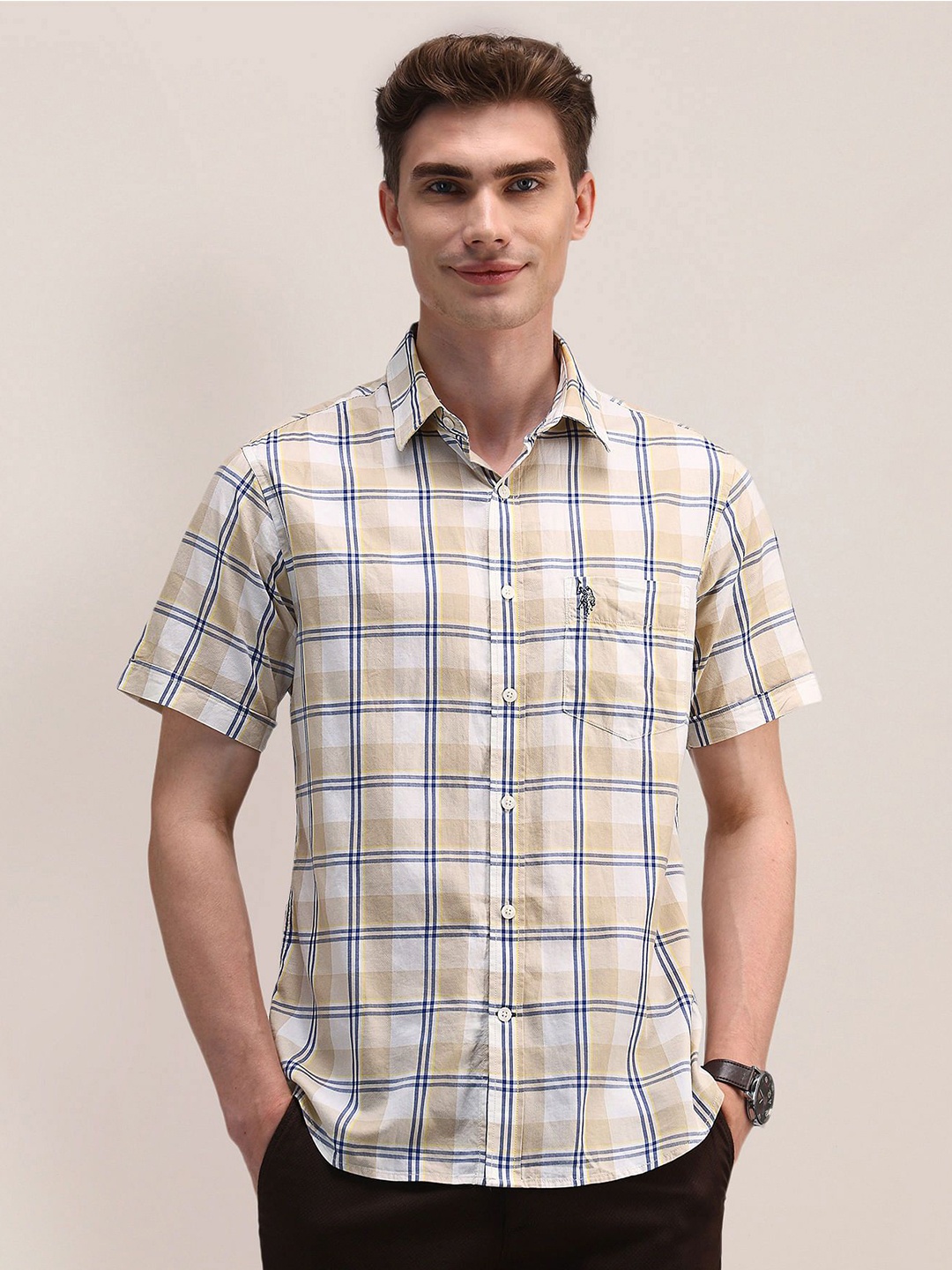 

U.S. Polo Assn. Men Classic Spread Collar Tartan Checked Cotton Casual Shirt, Beige