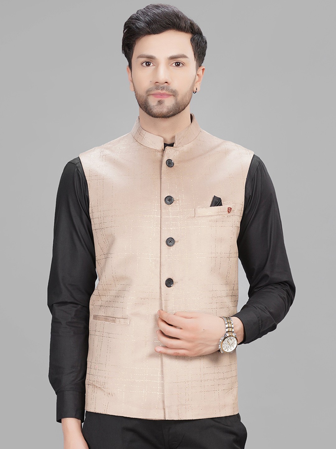 

LA'SCOOT Checked Printed Mandarin Collar Nehru Jacket, Brown