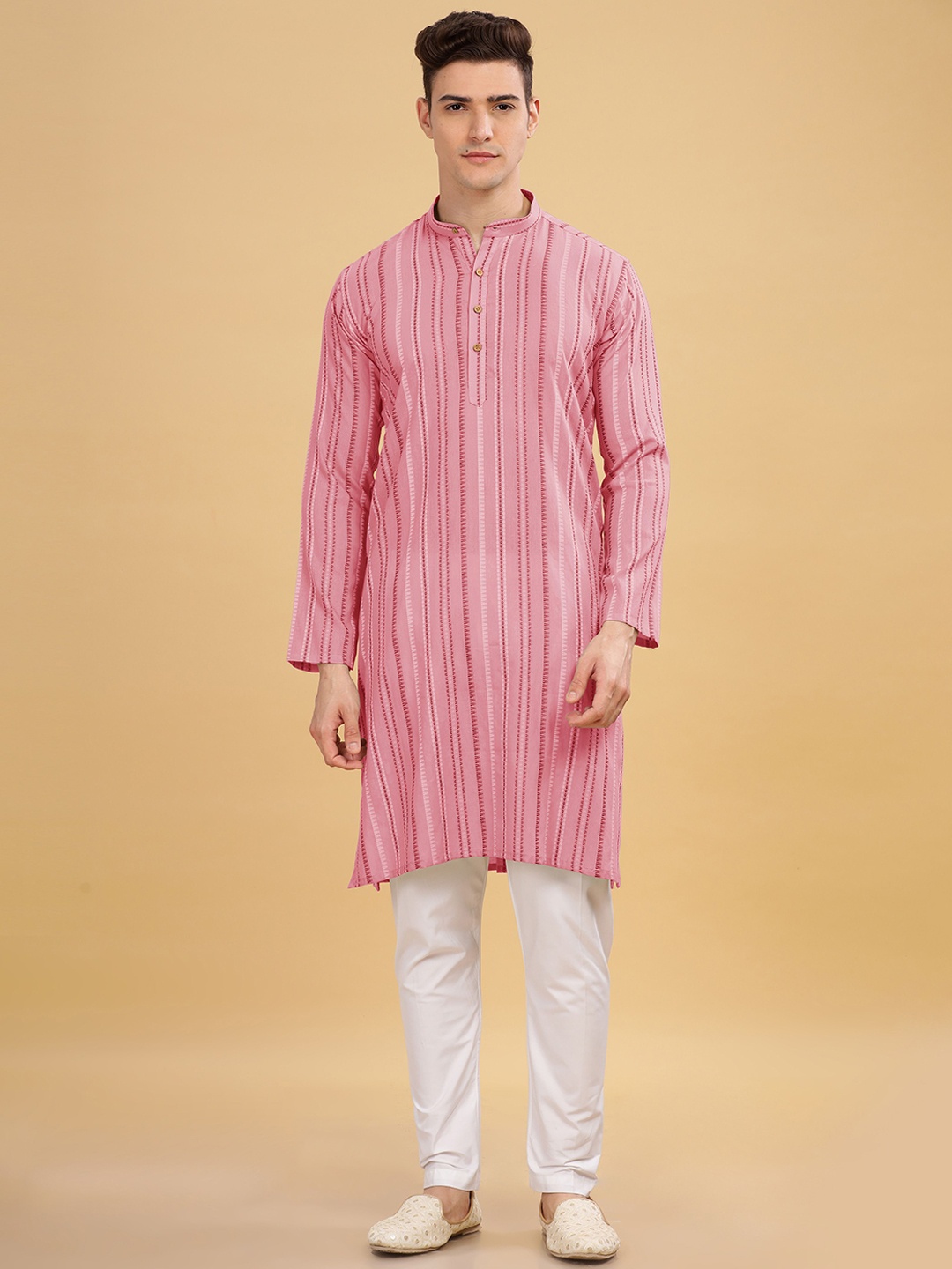 

Anouk Pink Striped Woven Design Dobby Weave Mandarin Collar Cotton Straight Kurta