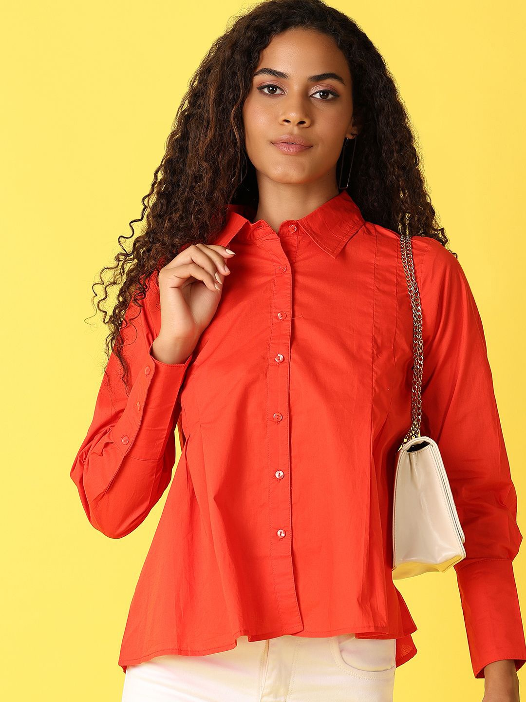 

UNLIMITED Women Classic Spread Collar Solid Cotton Casual Shirt, Orange