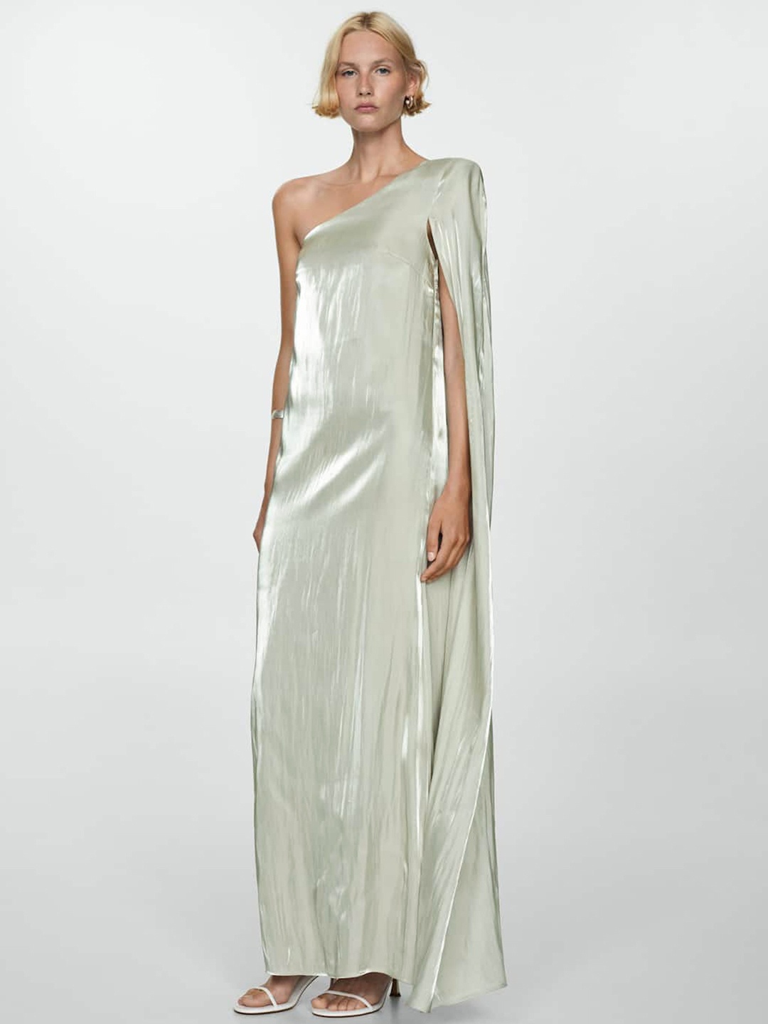 

MANGO One Shoulder Slit Sleeve Satin Maxi Dress, Off white