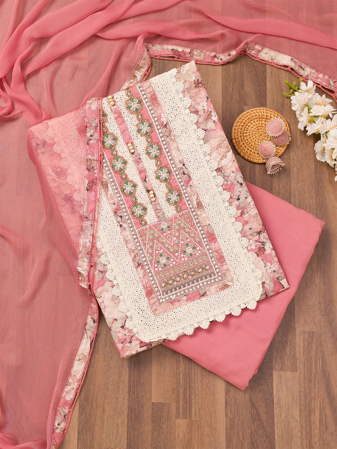 

Koskii Floral Printed Unstitched Dress Material, Pink