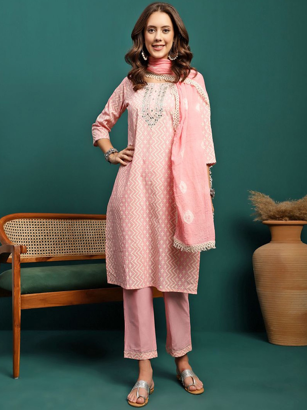 

BANDIA Bandhani Printed Mirror Work Round Neck Pure Cotton Kurta with Trouser & Dupatta, Pink