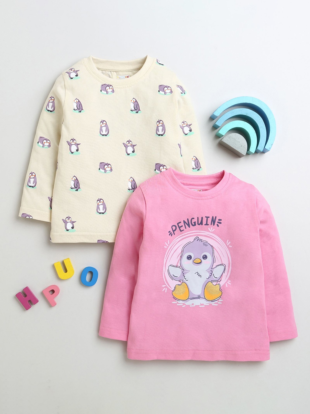

BUMZEE Girls Pack Of 2 Graphic Printed Round Neck Cotton T-Shirts, Pink