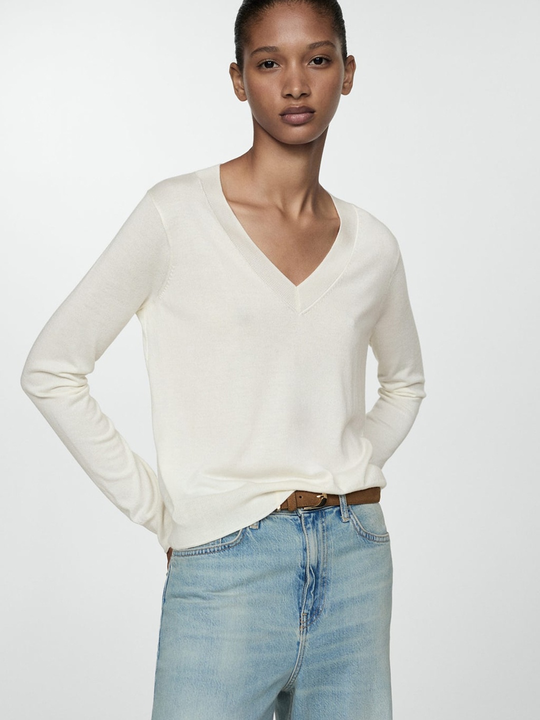 

MANGO Knitted V-Neck Pullover, White