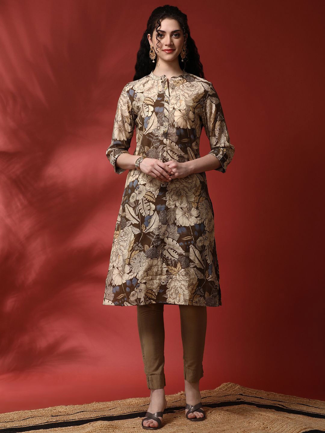 

Anouk Floral Printed Mandarin Collar Straight Kurta, Brown