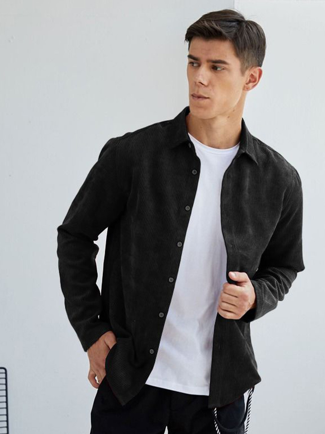 

HAMPTONS Mens Cotton Corduroy Full Sleeves Casual Shirt, Black