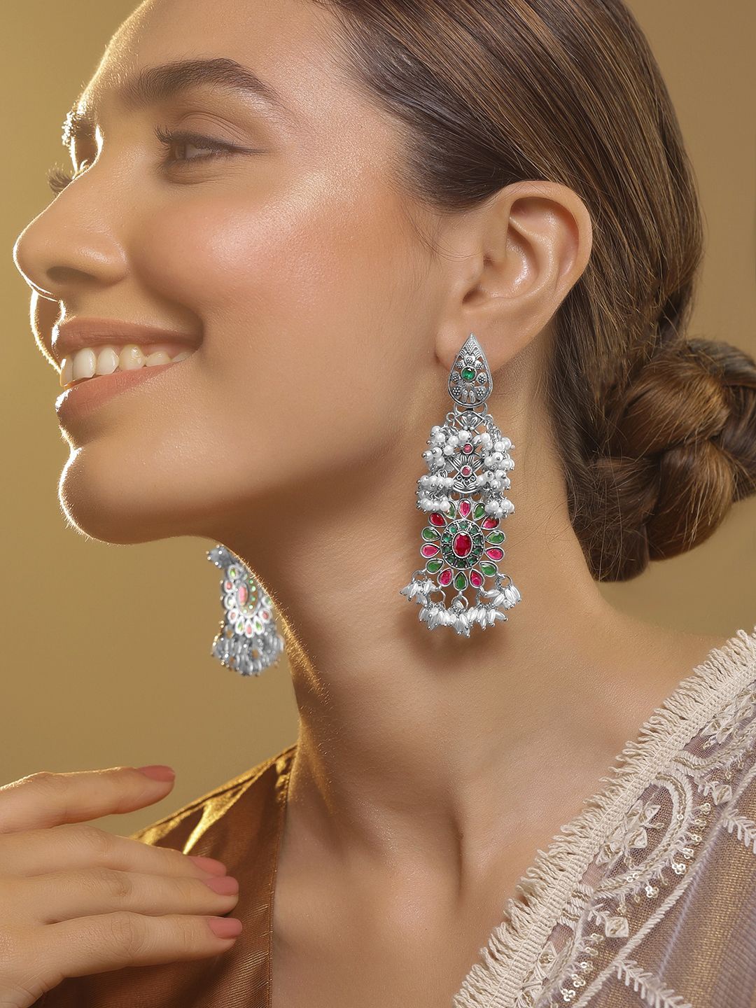 

Rubans Silver-Plated Classic Oxidised Emerald Drop Earrings