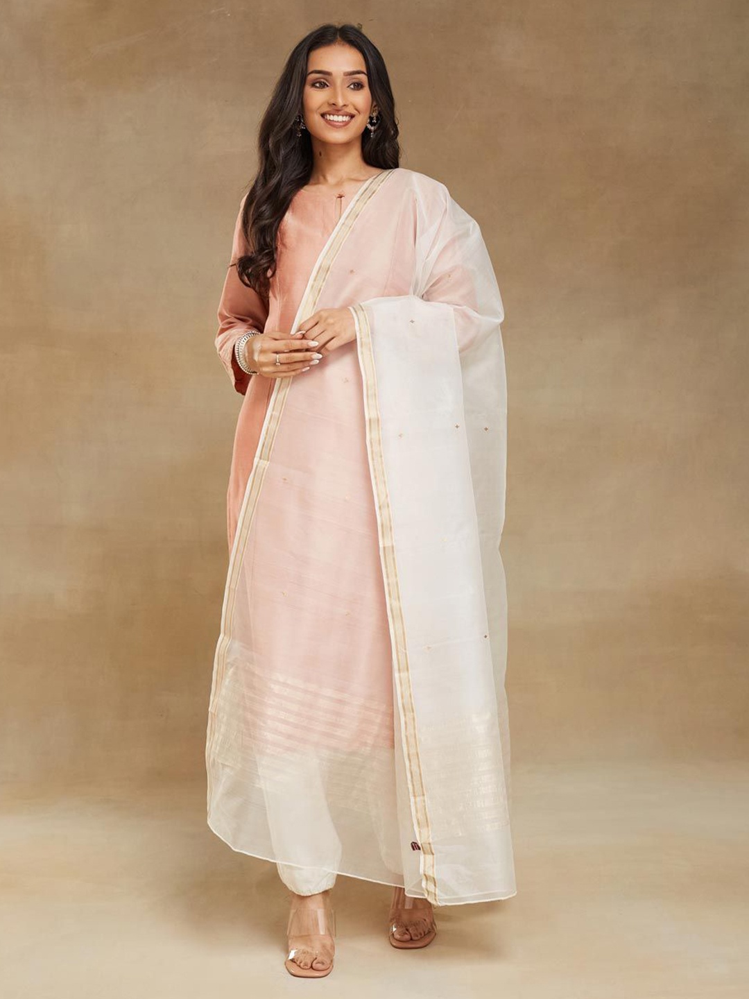 

Fabindia Ethnic Motifs Woven Design ZariCotton Silk Dupatta, White
