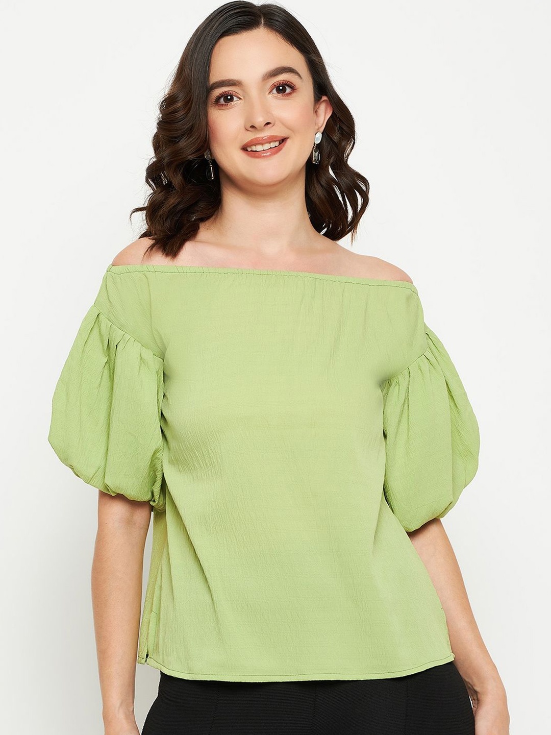

Murcia Off-Shoulder Puff Sleeve Crepe Top, Green
