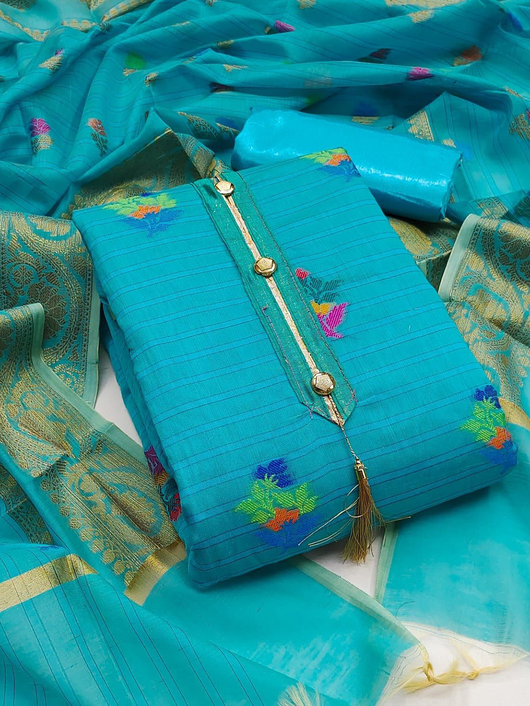 

APNISHA Floral Woven Design Pure Silk Unstitched Dress Material, Turquoise blue