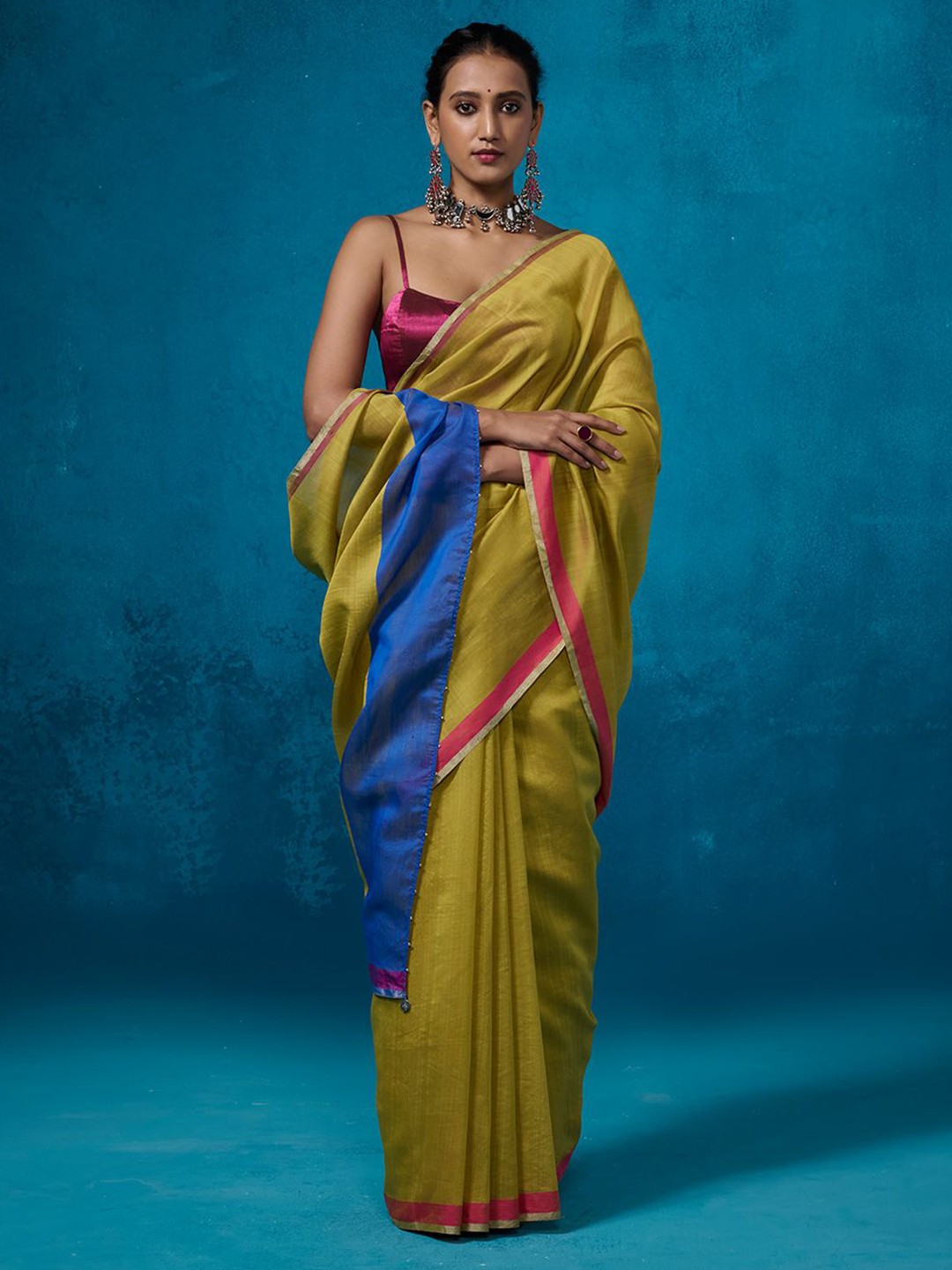 

Dressfolk Beads and Stones Chanderi Saree, Lime green