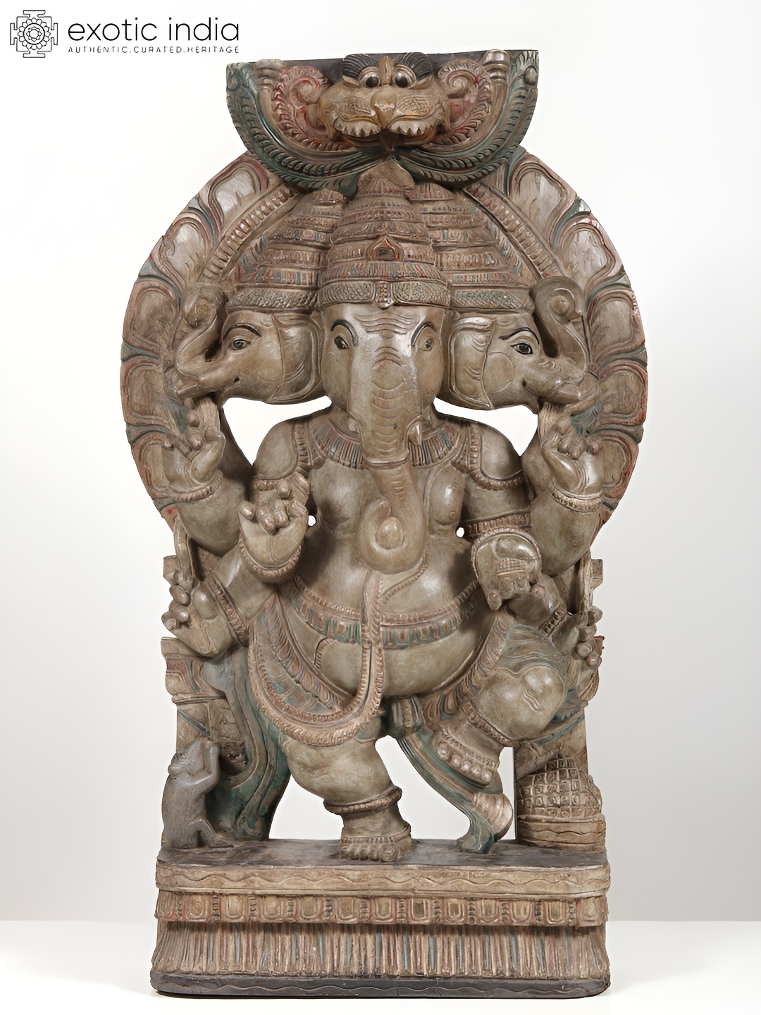 

Exotic India Brown Trimukha Lord Ganesha Wooden Religious Idol Showpiece