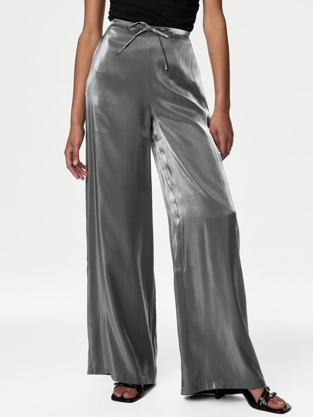 

Marks & Spencer Women Flared High-Rise Trousers, Silver