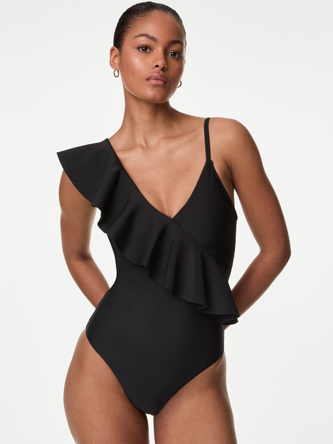 

Marks & Spencer Padded Frill Plunge Sleeveless Bodysuit, Black