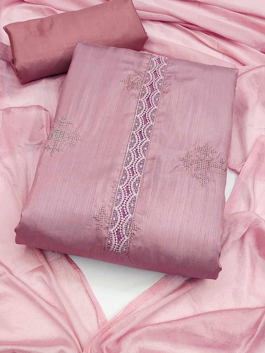

LADY SHOPI Floral Embroidered Unstitched Dress Material, Pink
