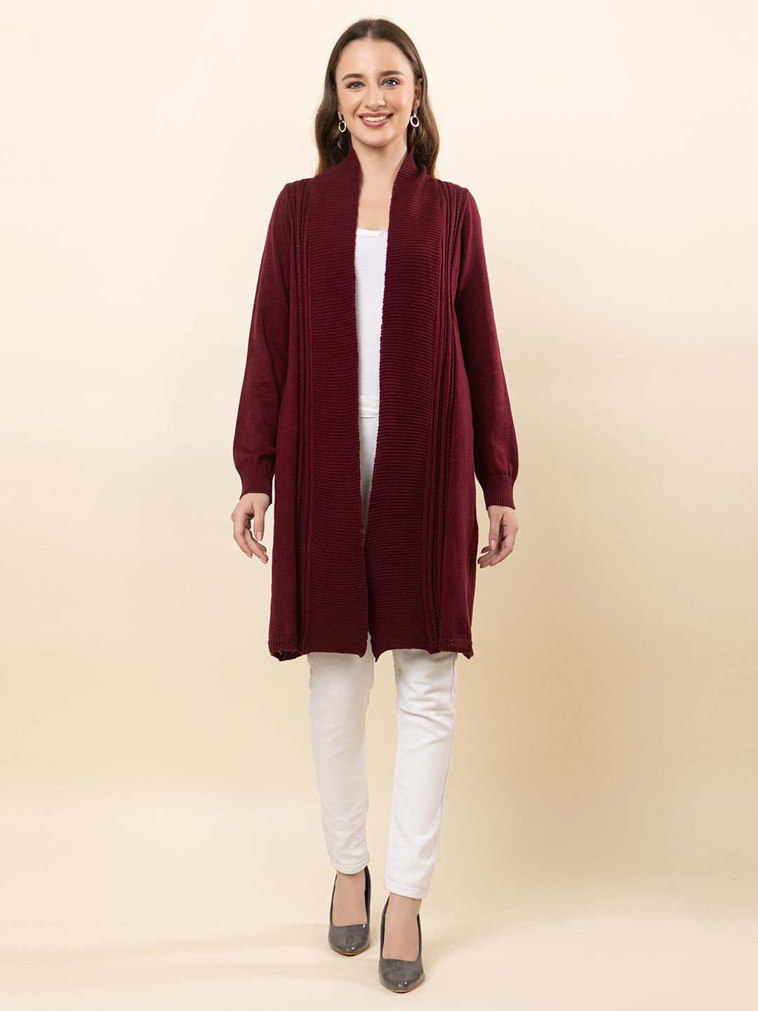 

Anouk Maroon Self Design Longline Winter Open Front Shrug