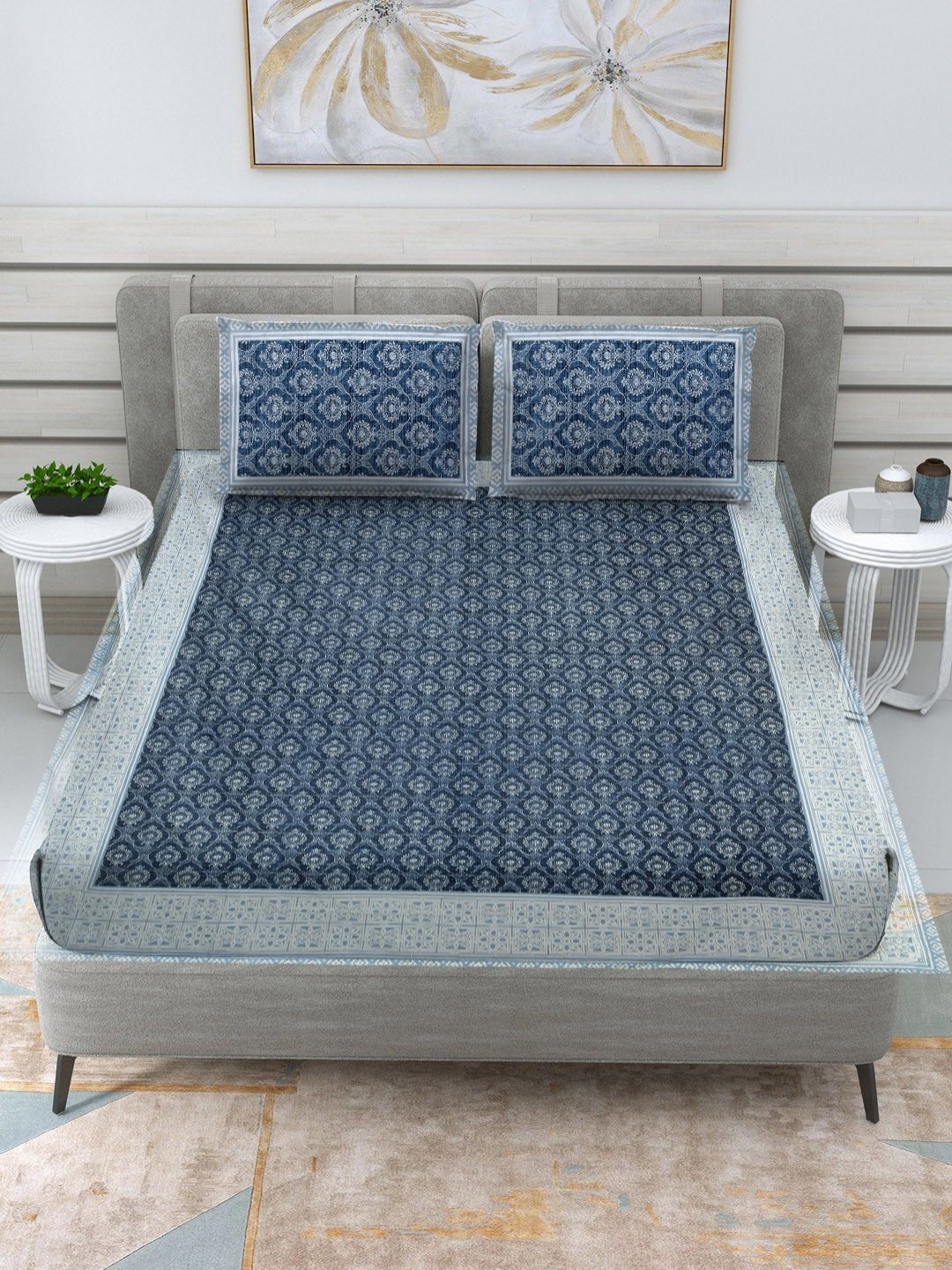 

RRC Blue Ethnic Motifs 120 TC Pure Cotton Queen Bedsheet With 2 Pillow Covers