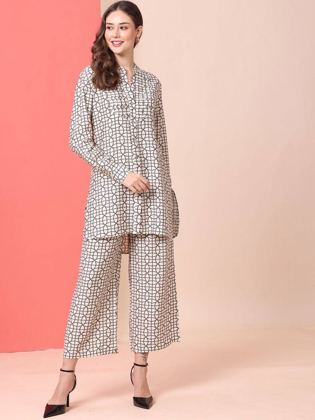 

Chemistry Printed Pleated Yoke Longline Tunic & Flared Trousers, Cream