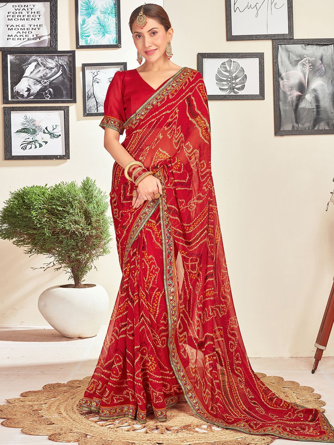 

all about you Bandhani Sequinned Pure Georgette Bandhani Saree, Red