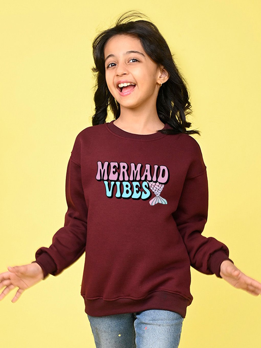 

NUSYL Girls Typography Printed Oversized Sweatshirt, Maroon