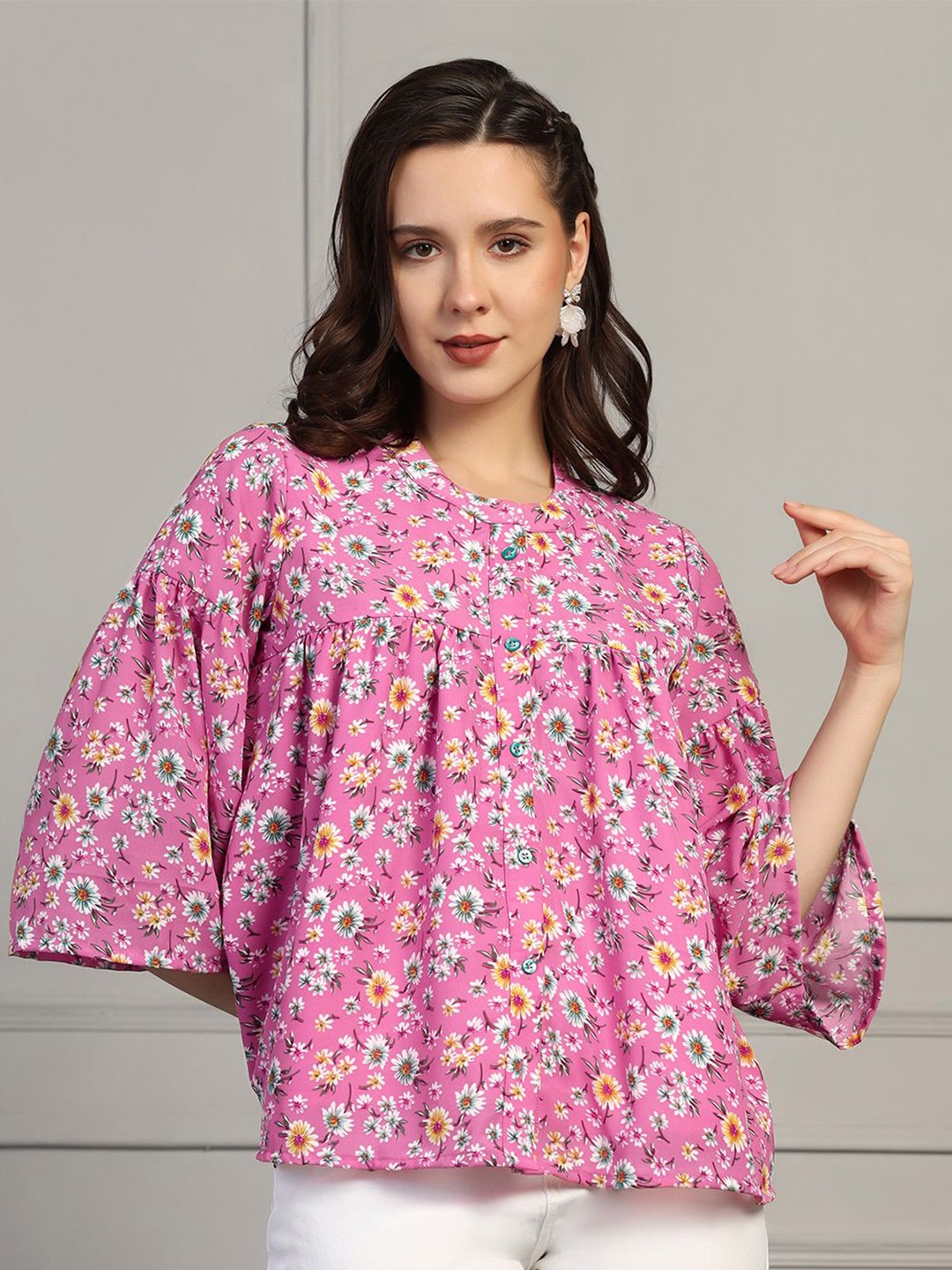 

BAESD Floral Print Flared Sleeve Chiffon Top, Pink